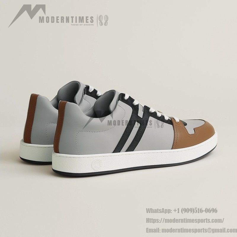 Hermes H242933Z H69440 Grey & Brown Sneakers – Side Detail of Stripes Hermes Mens Sneaker H242933Z H69440 in Grey and Brown – Front View of Luxury Sneakers with Iconic Leather Stripes