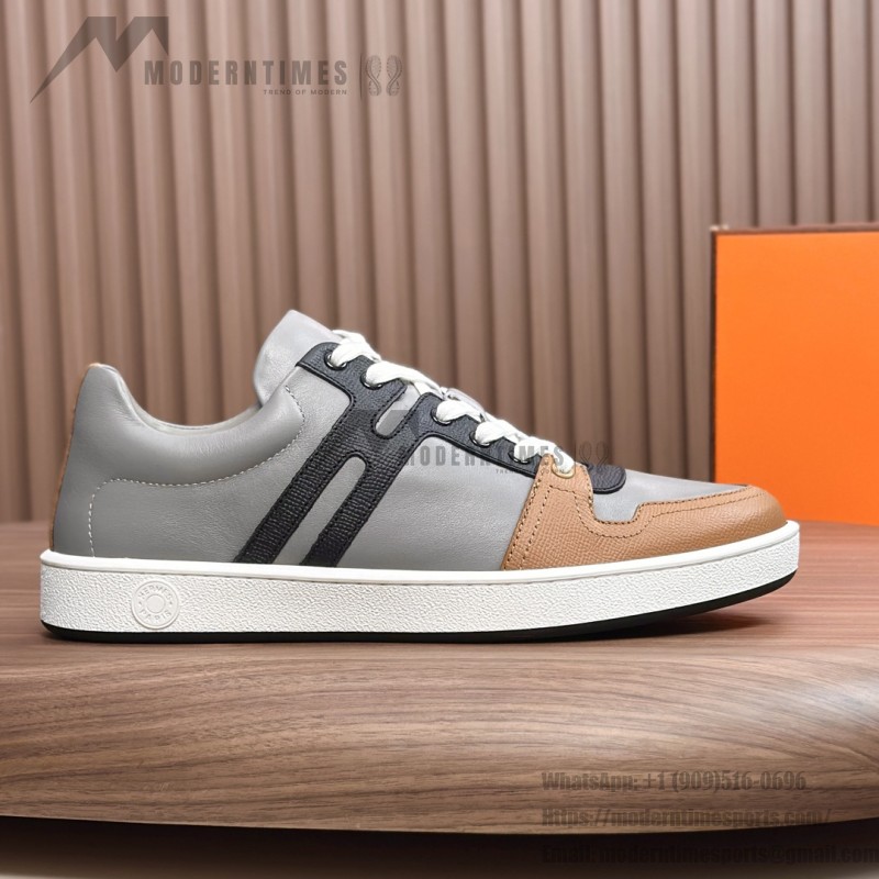 Hermes H242933Z H69440 Grey & Brown Sneakers – Side Detail of Stripes Hermes Mens Sneaker H242933Z H69440 in Grey and Brown – Front View of Luxury Sneakers with Iconic Leather Stripes