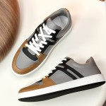Hermes H242933Z H69440 Grey & Brown Sneakers – Side Detail of Stripes Hermes Mens Sneaker H242933Z H69440 in Grey and Brown – Front View of Luxury Sneakers with Iconic Leather Stripes
