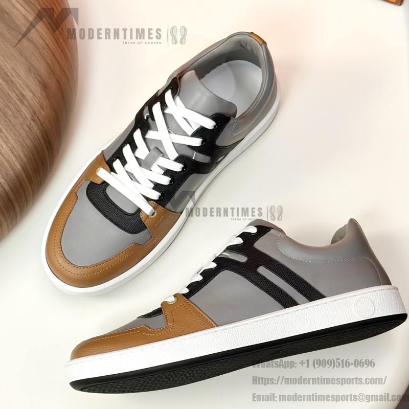 Hermes H242933Z H69440 Grey & Brown Sneakers – Side Detail of Stripes Hermes Mens Sneaker H242933Z H69440 in Grey and Brown – Front View of Luxury Sneakers with Iconic Leather Stripes
