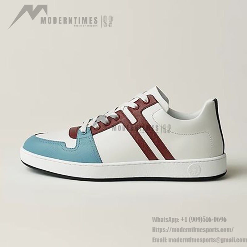 Hermes H242933Z H69440 White & Blue Sneakers – Side Detail of Iconic Stripes Hermes Mens Sneaker H242933Z H69440 in White and Blue – Front View of Luxury Sneakers with Navy Blue Stripes