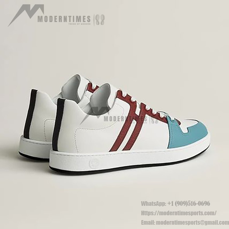 Hermes H242933Z H69440 White & Blue Sneakers – Side Detail of Iconic Stripes Hermes Mens Sneaker H242933Z H69440 in White and Blue – Front View of Luxury Sneakers with Navy Blue Stripes