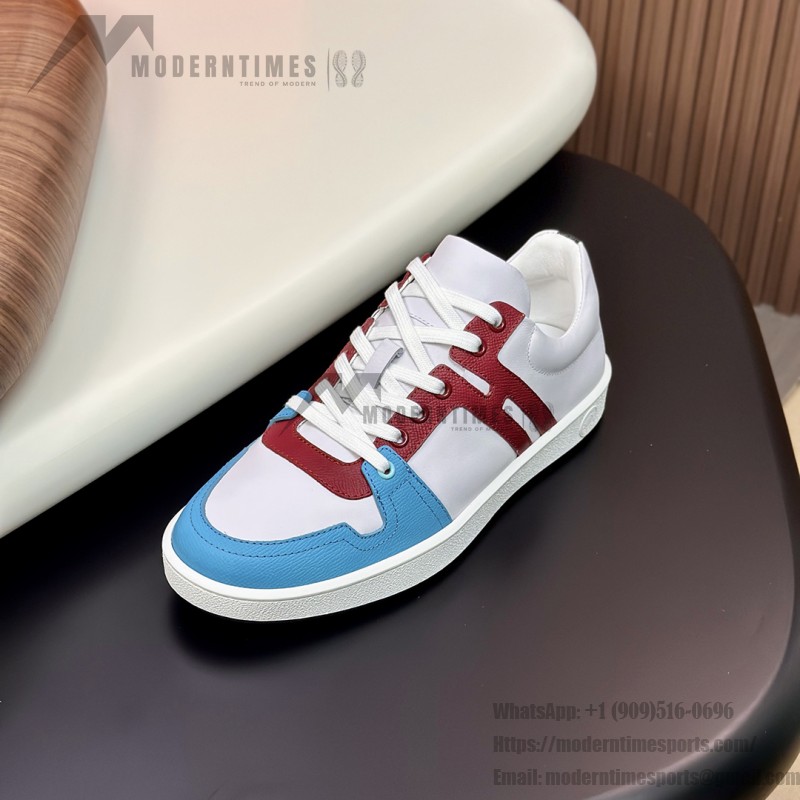 Hermes H242933Z H69440 White & Blue Sneakers – Side Detail of Iconic Stripes Hermes Mens Sneaker H242933Z H69440 in White and Blue – Front View of Luxury Sneakers with Navy Blue Stripes