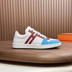 Hermes H242933Z H69440 White & Blue Sneakers – Side Detail of Iconic Stripes Hermes Mens Sneaker H242933Z H69440 in White and Blue – Front View of Luxury Sneakers with Navy Blue Stripes