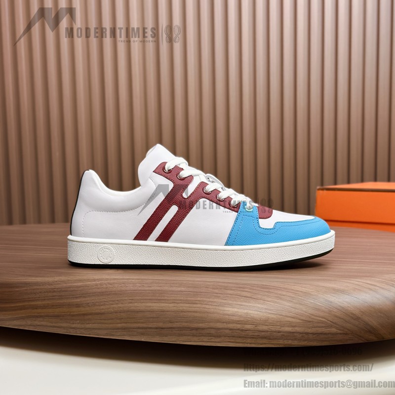 Hermes H242933Z H69440 White & Blue Sneakers – Side Detail of Iconic Stripes Hermes Mens Sneaker H242933Z H69440 in White and Blue – Front View of Luxury Sneakers with Navy Blue Stripes