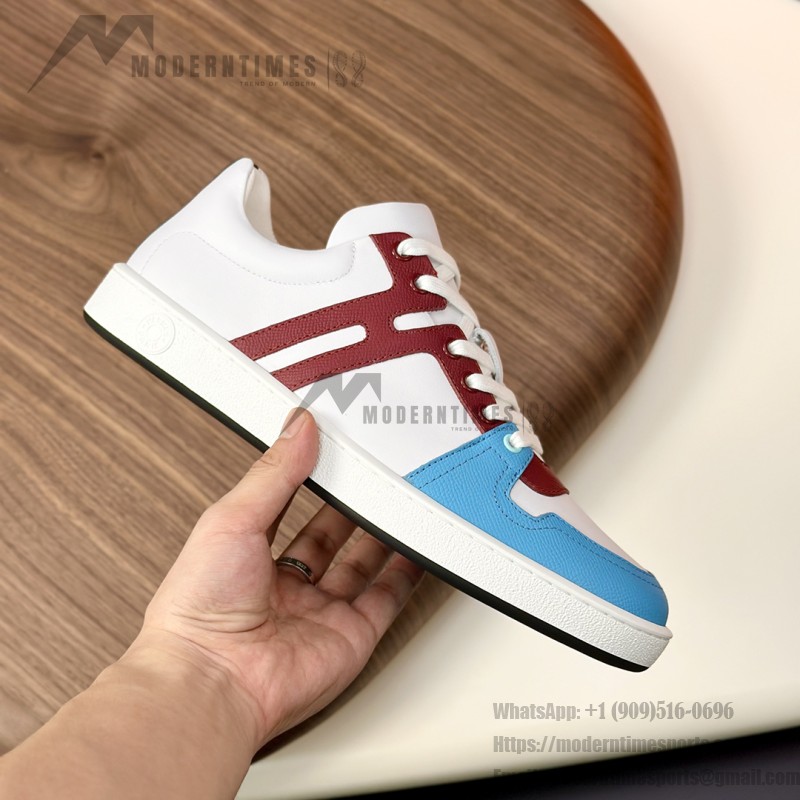 Hermes H242933Z H69440 White & Blue Sneakers – Side Detail of Iconic Stripes Hermes Mens Sneaker H242933Z H69440 in White and Blue – Front View of Luxury Sneakers with Navy Blue Stripes