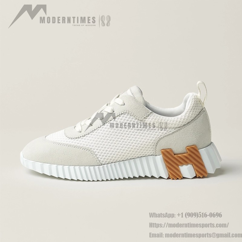 Hermes H251121Z 02360 White Sneakers – Iconic H Logo on Heel Hermes Mens Sneaker H251121Z 02360 in White – Front View of Luxury Fashion Sneakers with Orange H Logo
