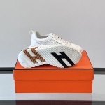 Hermes H251121Z 02360 White Sneakers – Iconic H Logo on Heel Hermes Mens Sneaker H251121Z 02360 in White – Front View of Luxury Fashion Sneakers with Orange H Logo