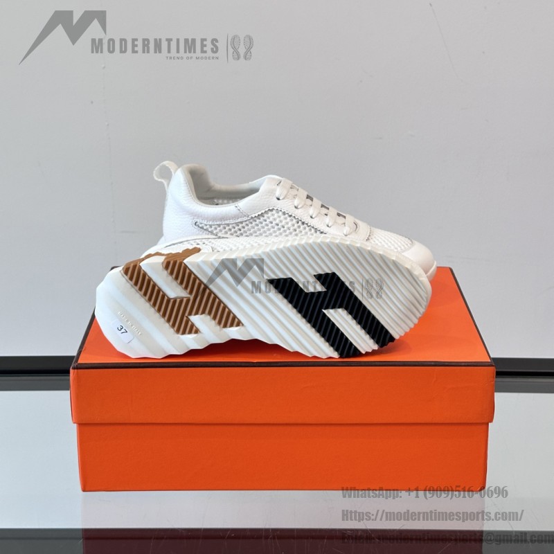 Hermes H251121Z 02360 White Sneakers – Iconic H Logo on Heel Hermes Mens Sneaker H251121Z 02360 in White – Front View of Luxury Fashion Sneakers with Orange H Logo