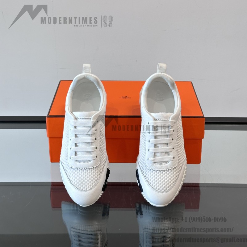 Hermes H251121Z 02360 White Sneakers – Iconic H Logo on Heel Hermes Mens Sneaker H251121Z 02360 in White – Front View of Luxury Fashion Sneakers with Orange H Logo