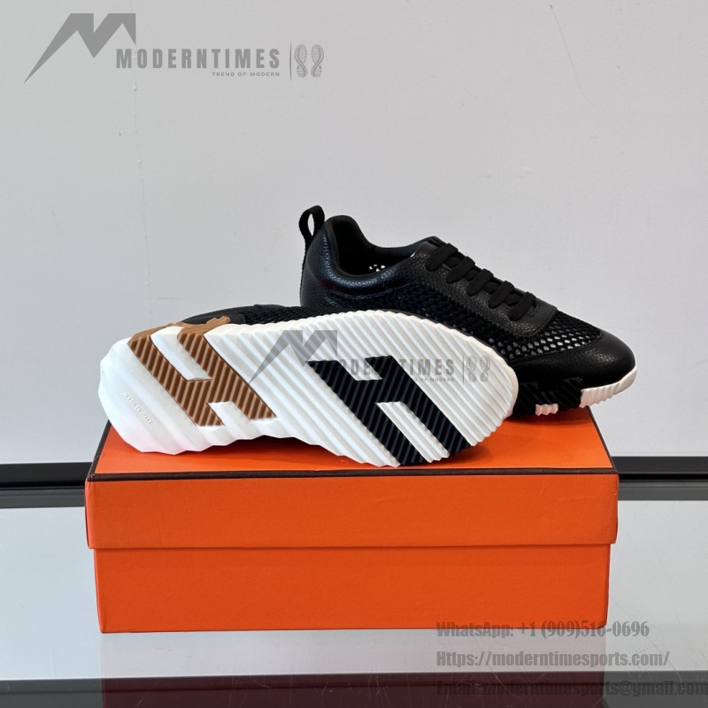 Hermes H251121Z 02360 Black Sneakers – Iconic H Logo on Heel Hermes Mens Sneaker H251121Z 02360 in Black – Front View of Luxury Black Sneakers with Orange H Logo