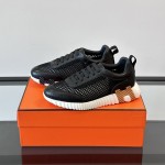 Hermes H251121Z 02360 Black Sneakers – Iconic H Logo on Heel Hermes Mens Sneaker H251121Z 02360 in Black – Front View of Luxury Black Sneakers with Orange H Logo