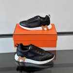 Hermes H251121Z 02360 Black Sneakers – Iconic H Logo on Heel Hermes Mens Sneaker H251121Z 02360 in Black – Front View of Luxury Black Sneakers with Orange H Logo