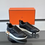 Hermes H251121Z 02360 Black Sneakers – Iconic H Logo on Heel Hermes Mens Sneaker H251121Z 02360 in Black – Front View of Luxury Black Sneakers with Orange H Logo