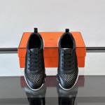 Hermes H251121Z 02360 Black Sneakers – Iconic H Logo on Heel Hermes Mens Sneaker H251121Z 02360 in Black – Front View of Luxury Black Sneakers with Orange H Logo