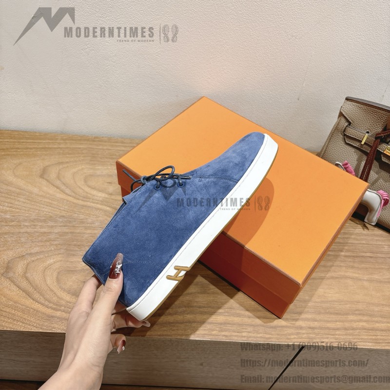 Hermes Mens Sneaker H251921Z HBT390 Blue Suede Luxury Casual Shoes Hermes Mens Sneaker H251921Z HBT390 in Blue Suede – Front View