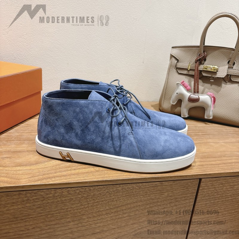 Hermes Mens Sneaker H251921Z HBT390 Blue Suede Luxury Casual Shoes Hermes Mens Sneaker H251921Z HBT390 in Blue Suede – Front View