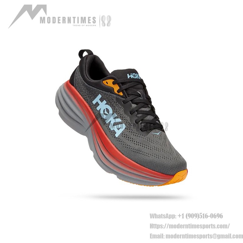 HOKA ONE ONE Bondi 8 Running Shoes - Anthracite Blue & Red Lightweight Cushioned Trainers