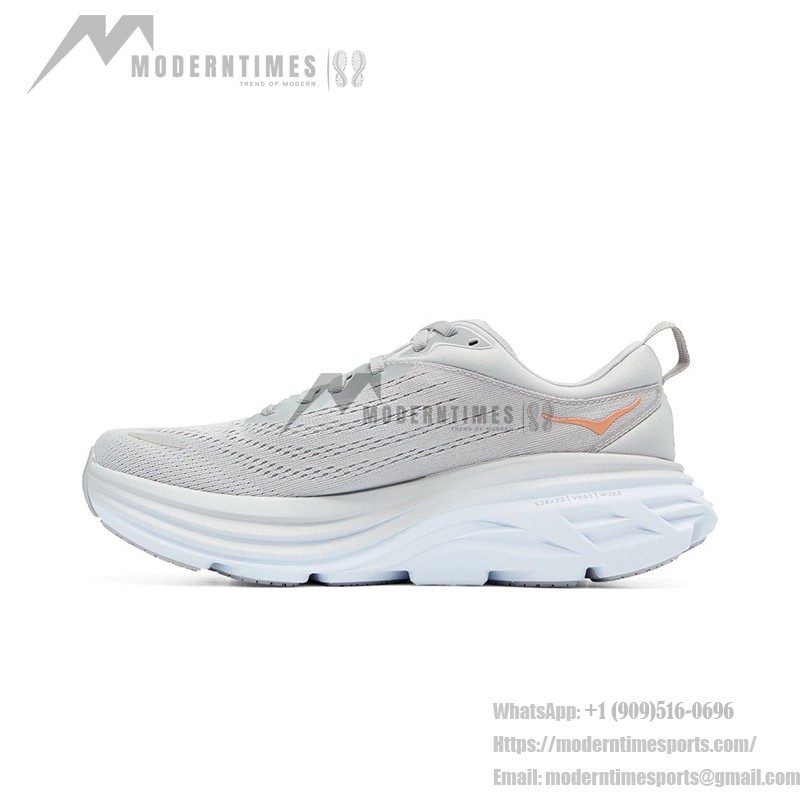 HOKA Bondi 8 Wide Running Shoes in Light Grey and Orange with cushioning and wide-fit design.