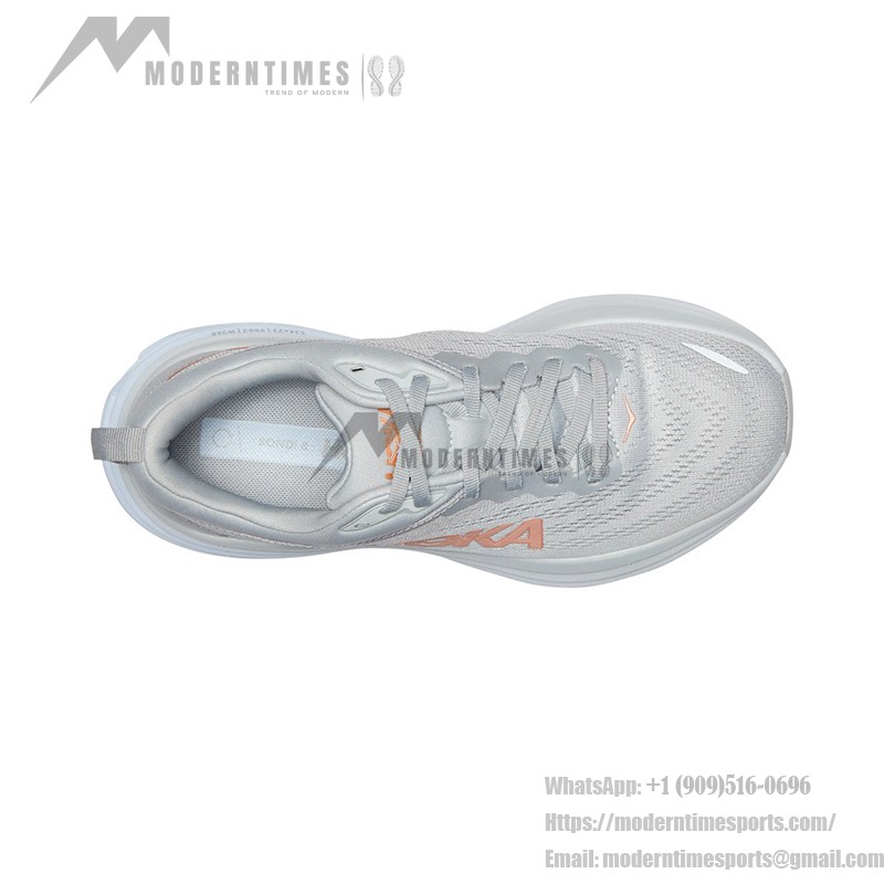 HOKA Bondi 8 Wide Running Shoes in Light Grey and Orange with cushioning and wide-fit design.