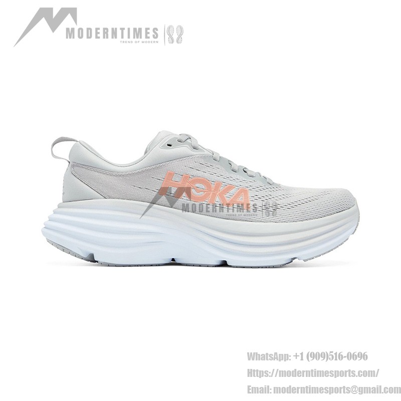 HOKA Bondi 8 Wide Running Shoes in Light Grey and Orange with cushioning and wide-fit design.