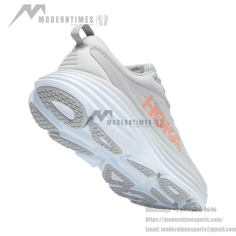 HOKA Bondi 8 Wide Running Shoes in Light Grey and Orange with cushioning and wide-fit design.