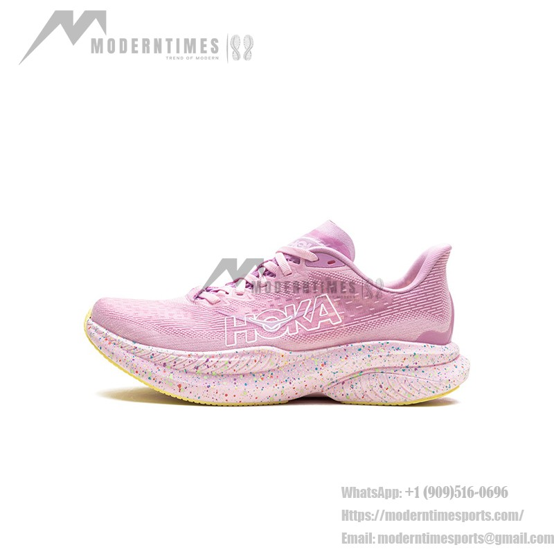 HOKA Mach 6 Laufschuhe in den Farben Pink Twilight und Lemonade mit leichter Dämpfung und stilvollem Design.