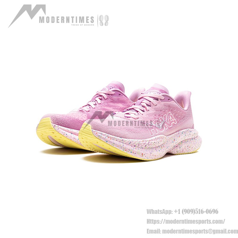 HOKA Mach 6 Running Shoes in Pink Twilight and Lemonade colors, featuring lightweight cushioning and stylish design.