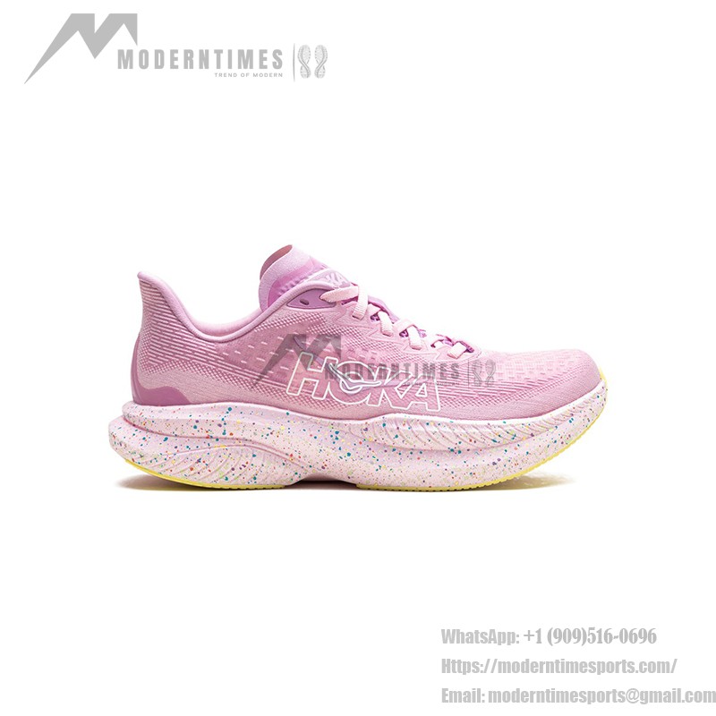 HOKA Mach 6 Laufschuhe in den Farben Pink Twilight und Lemonade mit leichter Dämpfung und stilvollem Design.