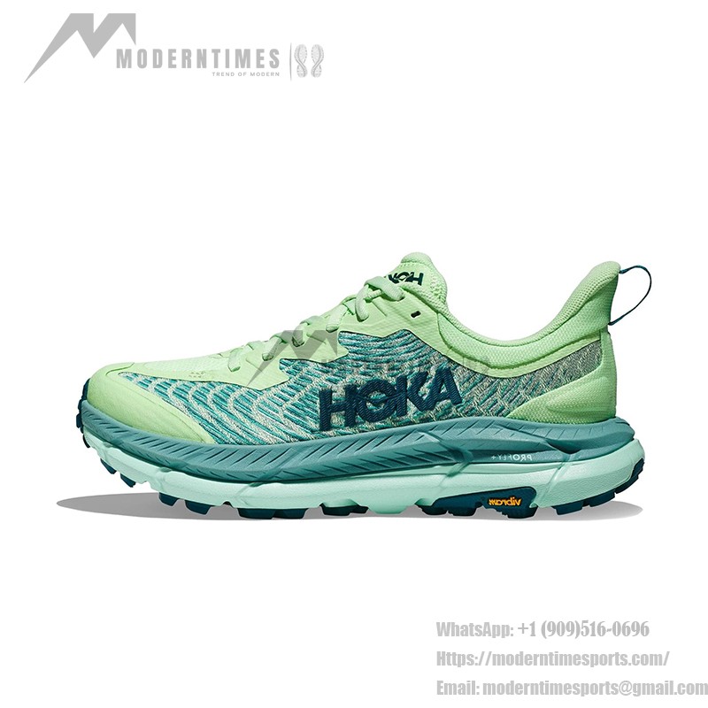 HOKA Mafate Speed 4 트레일 러닝화, Vibram® 아웃솔 장착, 그린 컬러, 최대 접지력과 긴 편안함 제공.