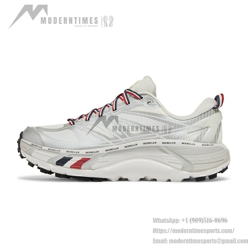 HOKA x Moncler Mafate Speed 2 Laufschuhe in Nimbus Cloud & Harbor Mist mit Vibram®-Außensohle und hochwertigem Design.