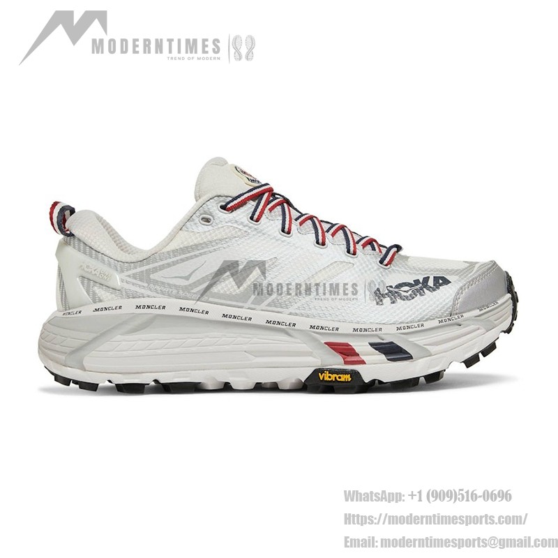 HOKA x Moncler Mafate Speed 2 Laufschuhe in Nimbus Cloud & Harbor Mist mit Vibram®-Außensohle und hochwertigem Design.