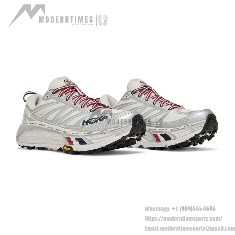 HOKA x Moncler Mafate Speed 2 Laufschuhe in Nimbus Cloud & Harbor Mist mit Vibram®-Außensohle und hochwertigem Design.