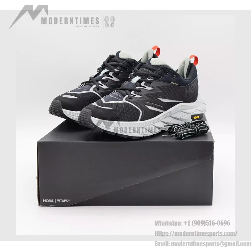 HOKA ONE ONE x WTAPS Anacapa Low Gore-Tex Trail Shoes in Jet Black, Waterproof, Vibram Outsole, Model 1155397-JTB