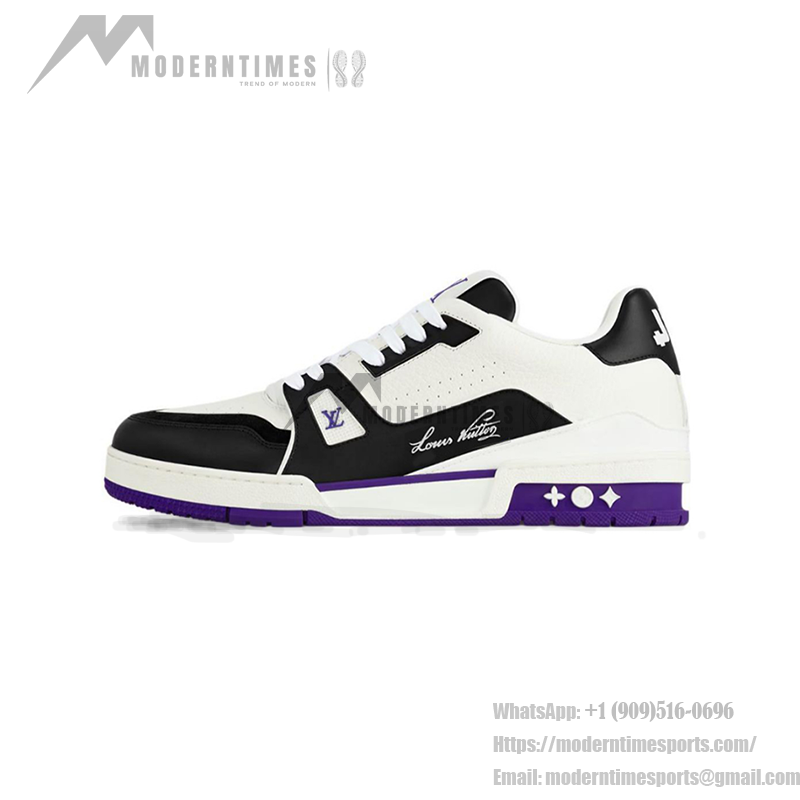 Louis Vuitton LV Trainer Low 1ADDYH – Black, White & Purple Designer Sneakers