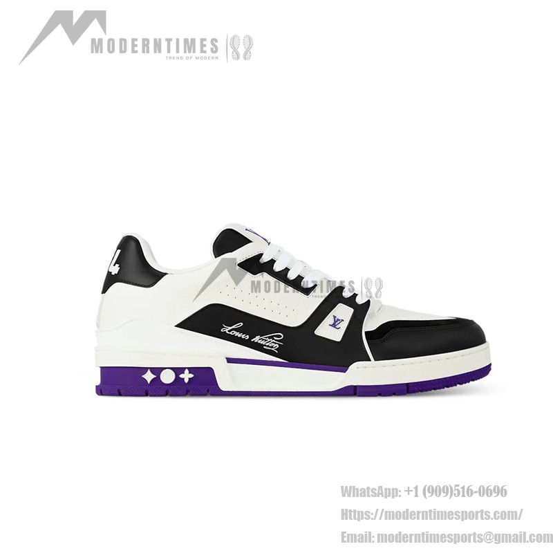 Louis Vuitton LV Trainer Low 1ADDYH – Black, White & Purple Designer Sneakers