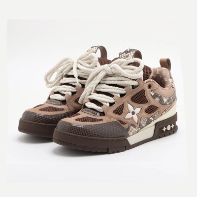 Louis Vuitton Skate Sneaker Brown Snakeskin 1ABMG5 - A premium limited-edition sneaker featuring luxurious snakeskin leather, breathable mesh panels, and an ultra-comfortable sole. Elevate your streetwear collection with this exclusive designer sneaker.