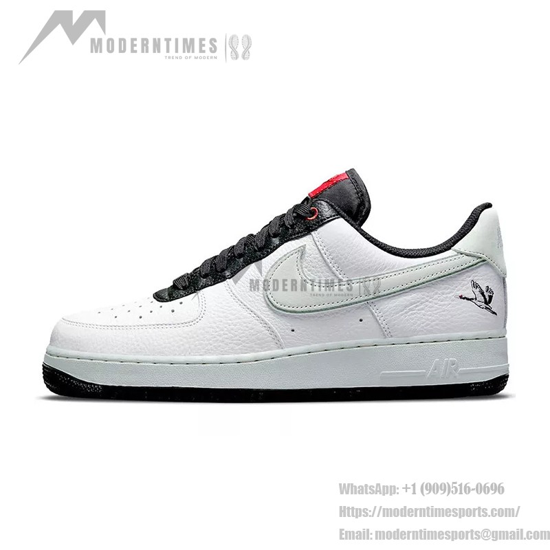 Nike Air Force 1 Low 'Crane' - White Sneakers with Embroidered Crane Detail & Black Accents