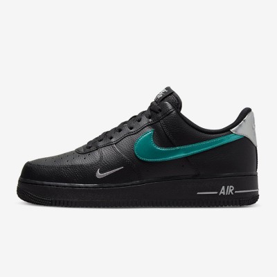 Nike Air Force 1 Low FD0654-001 - Black Leather Sneakers with Emerald Green Swoosh & Reflective Silver Details for Iconic Streetwear Style