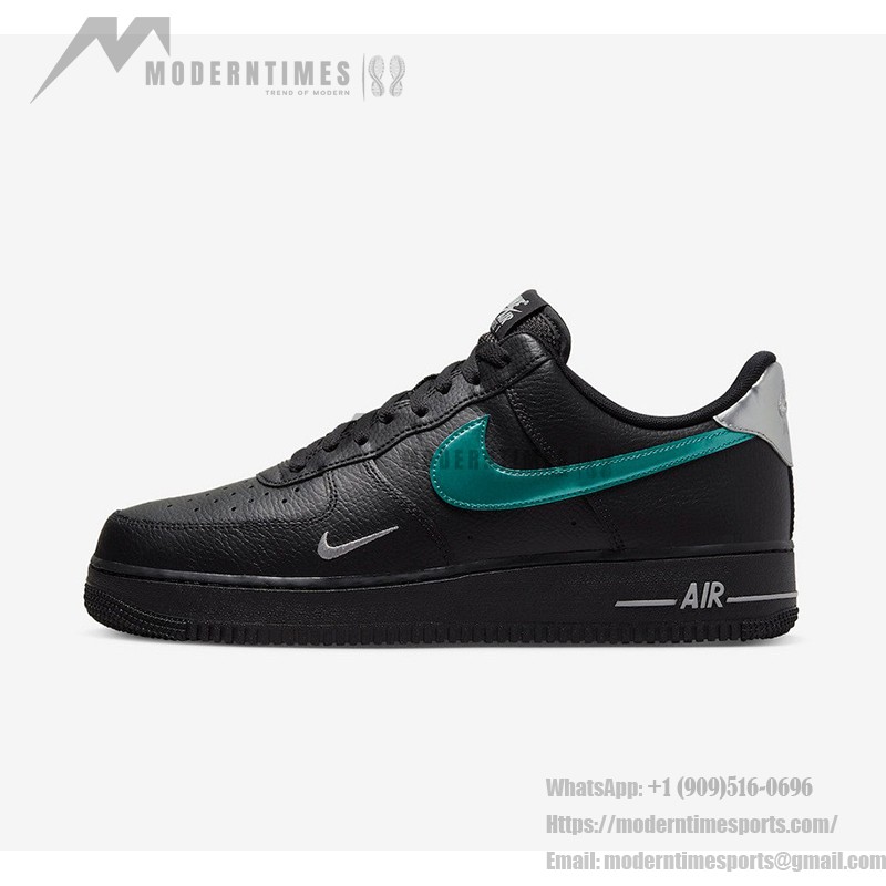 Nike Air Force 1 Low FD0654-001 - 黒レザースニーカー、エメラルドグリーンのスウッシュ付き