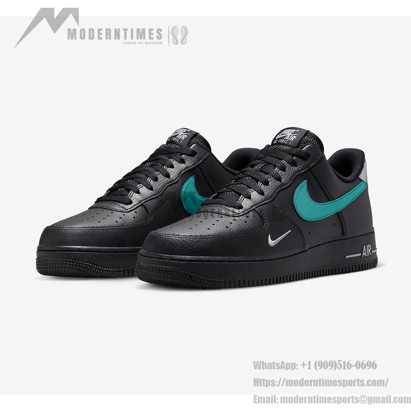 Nike Air Force 1 Low FD0654-001 - 黒レザースニーカー、エメラルドグリーンのスウッシュ付き