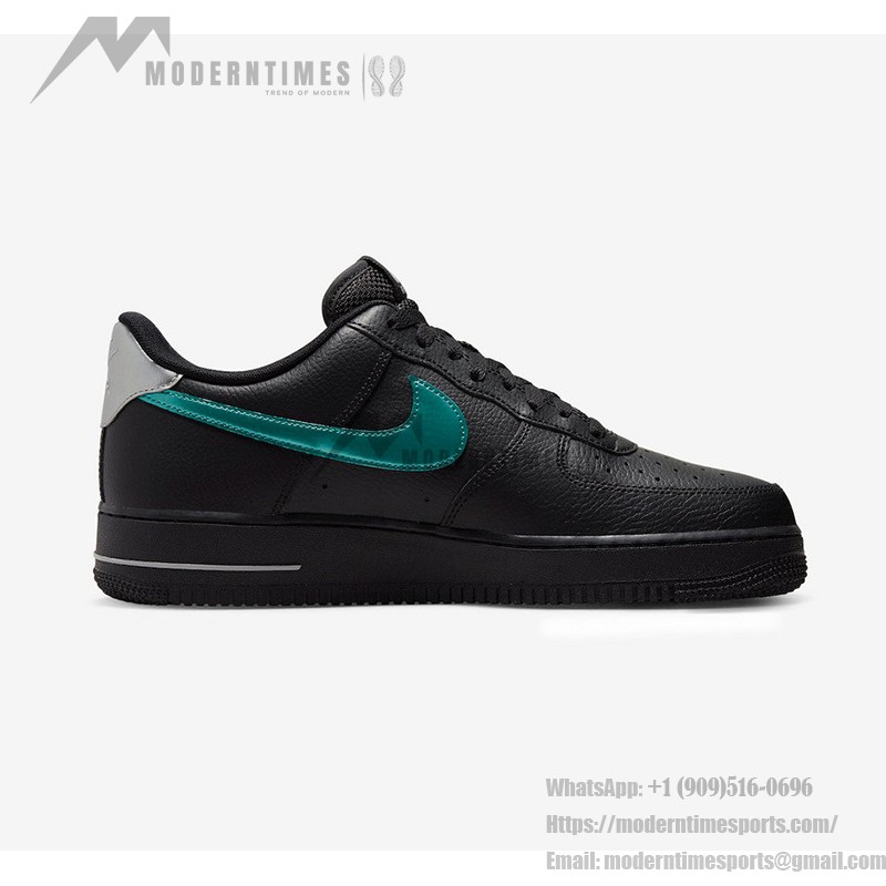 Nike Air Force 1 Low FD0654-001 - 黒レザースニーカー、エメラルドグリーンのスウッシュ付き