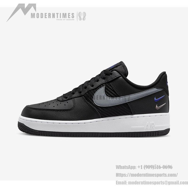 Nike Air Force 1 Low FD0666-001 - ブラックレザーのデュアルグレースウッシュ & ブルーアクセント付きスニーカー