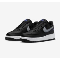 Nike Air Force 1 Low FD0666-001 - モダンなストリートスタイルのためのグレーの二重スウッシュとブルーのディテールが特徴のブラックレザースニーカー