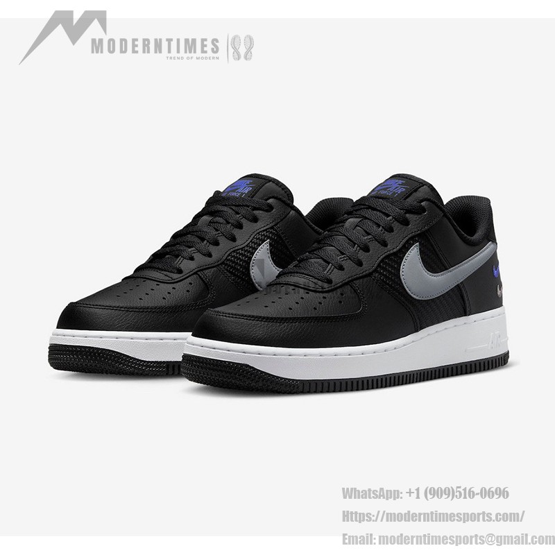 Nike Air Force 1 Low FD0666-001 - ブラックレザーのデュアルグレースウッシュ & ブルーアクセント付きスニーカー