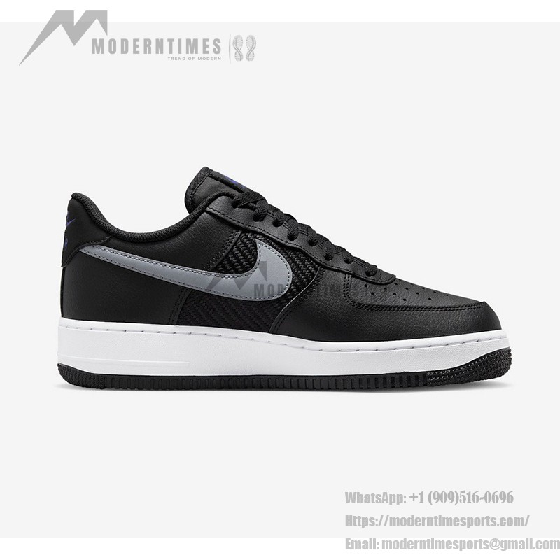 Nike Air Force 1 Low FD0666-001 - ブラックレザーのデュアルグレースウッシュ & ブルーアクセント付きスニーカー