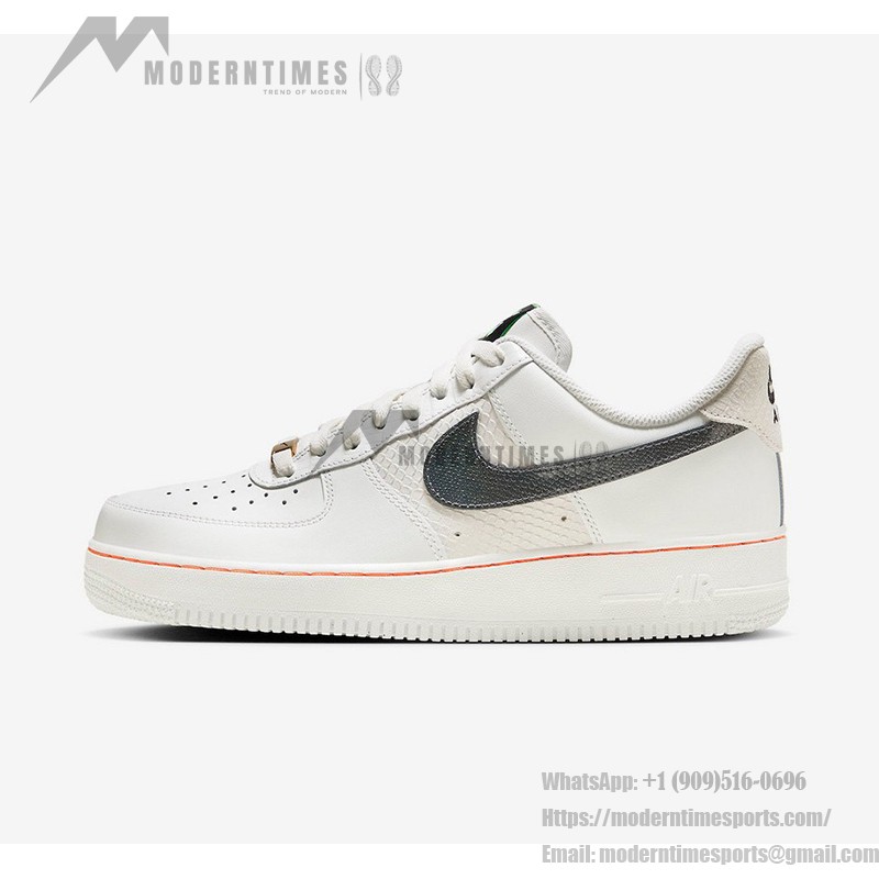 Nike Air Force 1 Low FN8892-191 - 크림색 스니커즈, 텍스처 블랙 스우시와 오렌지 포인트