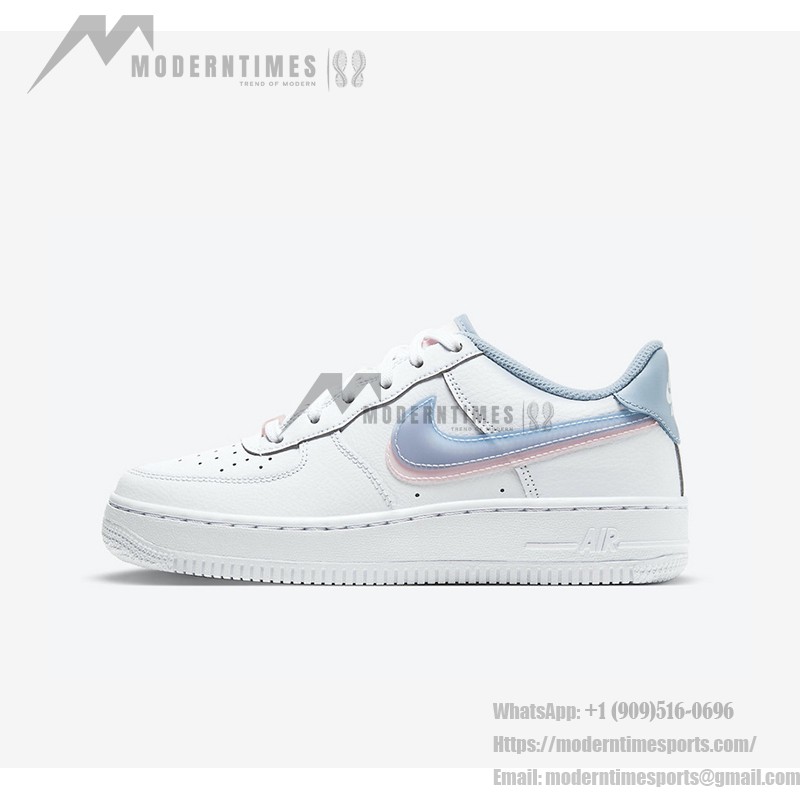 Nike Air Force 1 Low GS 'Double Swoosh' CW1574-100 - パステルピンクとブルースウッシュのホワイトスニーカー