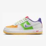 Nike Air Force 1 Low GS FD1036-100 - White sneakers with orange, green, purple, and pink accents and a translucent purple Swoosh