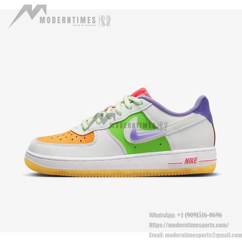 Nike Air Force 1 Low GS FD1036-100 - White sneakers with orange, green, purple, and pink accents and a translucent purple Swoosh